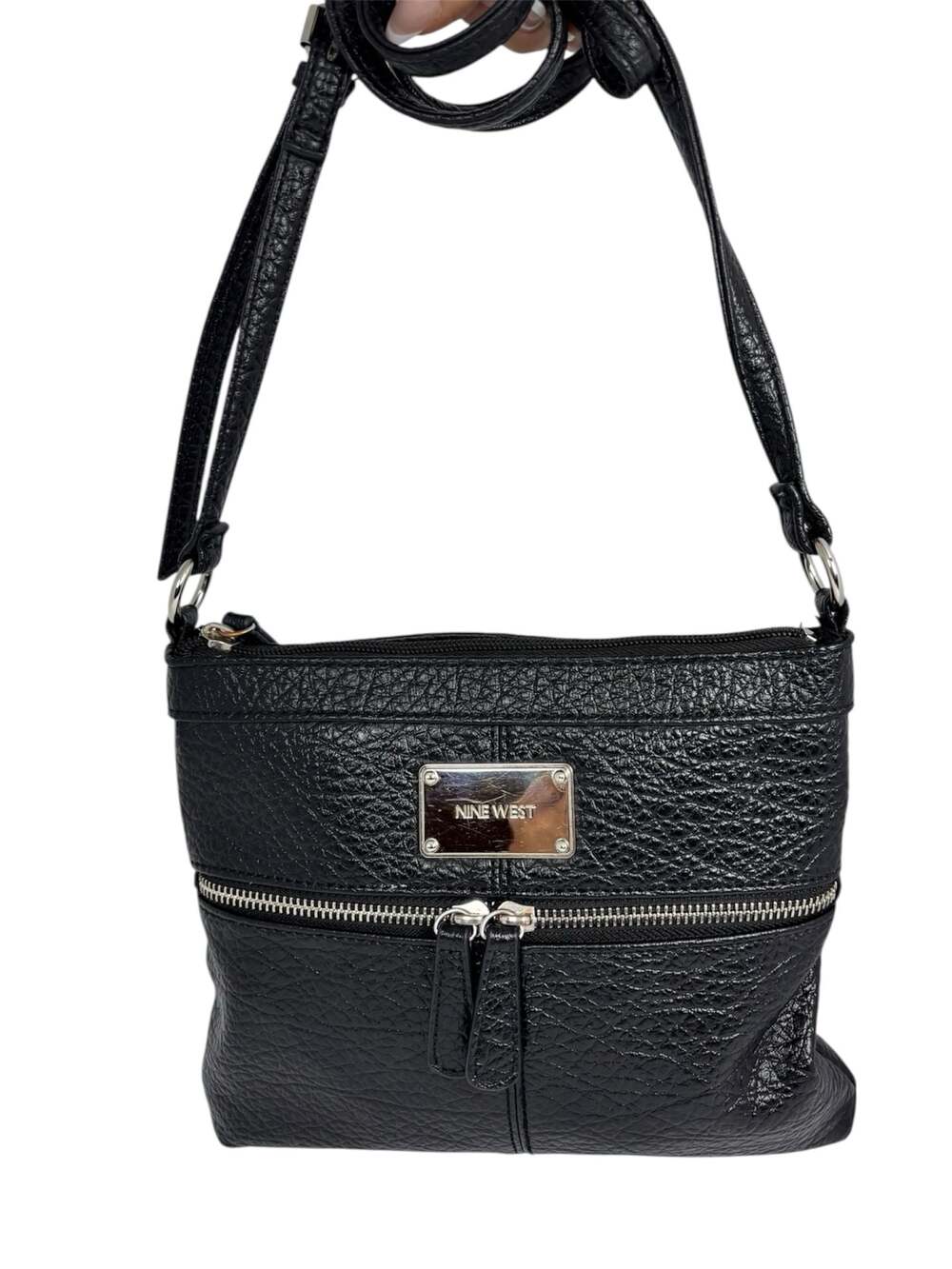 Nine West Black Pebble Grain Faux Leather Multi-Zip Crossbody Bag